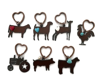 Farm Animal pig heifer goat lamb livestock keychains with Faux bead made of Rustic Rusted Recycled Metal Western retail and wholesale