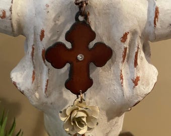 CROSS Faith necklace painted metal flower made with rustic rusted metal