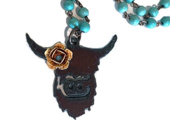 Rustic HIGHLAND COW Fluffy Cow Necklace Faux Turquoise Beads