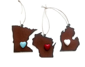 MINNESOTA WISCONSIN or MICHIGAN Ornament with faux turquoise heart made of Rustic Rusty Rusted