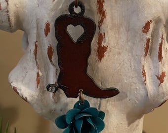 COWBOY BOOT necklace metal painted flower made with rustic rusted metal