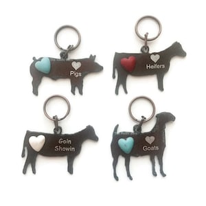 Love GOATS PIGS or Cow HEIFERS  or Goin Showin Farm Animal Keychains with Faux Turquoise Heart made of Rustic Rusted Recycled Metal