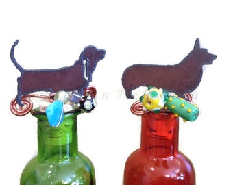 WELSH CORGI or BASSET Hound Rustic Rusty Rusted Metal Decorative Wine Bottle Cork Stopper Topper