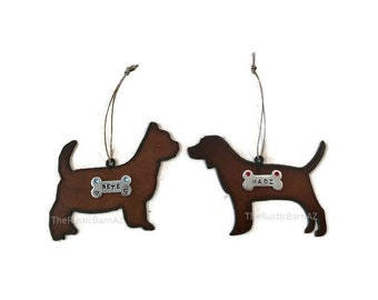 YORKIE or BEAGLE dog ornament personalized name of Rustic Rusty Rusted Recycled Metal