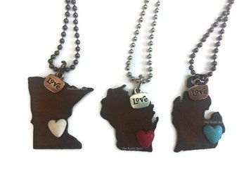 MINNESOTA MICHIGAN or WISCONSIN  State Shape Necklace faux heart and tag love and heart made of rusty recycled metal