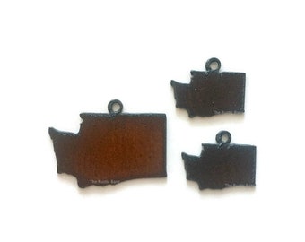 WASHINGTON state shape set Charm Pendant and small charm earring size cut out Set made of Rustic Rusty Rusted Recycled Metal