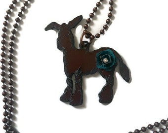 DONKEY necklace with turquoise painted flower with clear swarovski crystal Rustic Rusty Rusted Recycled Metal
