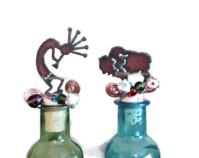Featured listing image: KOKOPELLI or BUFFALO Rusty Rustic Rusted Metal States Wine Bottle Cork Stopper Topper