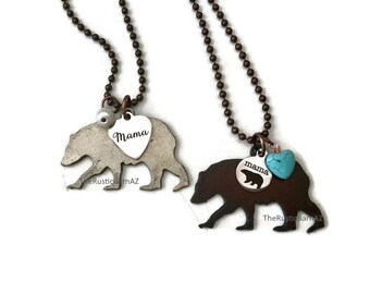 MAMA BEAR necklace with mama tag and bead made of Rustic Rusty Rusted Recycled Metal also wholesale