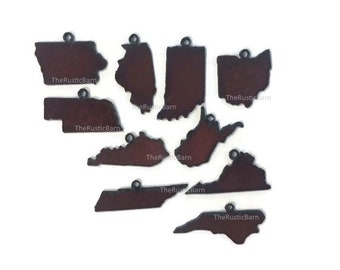 STATE shape Charms (any 3 pieces) Pendant Iowa Ohio Illinois Kentucky NC Indiana made of Rustic Rusty Rusted Recycled Metal