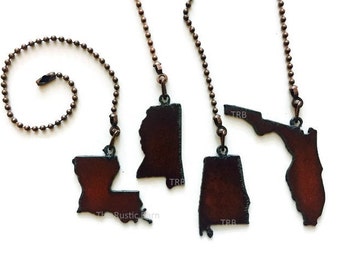 CEILING FAN PULL State Louisiana Mississippi Alabama or Florida charm size made of Rusty Rustic Recycled Metal retail or wholesale
