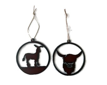 DONKEY or HIGHLAND COW round Rustic Ornaments made of Rustic Rusty Rusted Recycled also wholesale