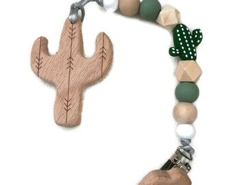 Wooden Cactus Chew Toy with Cactus Paci Clip