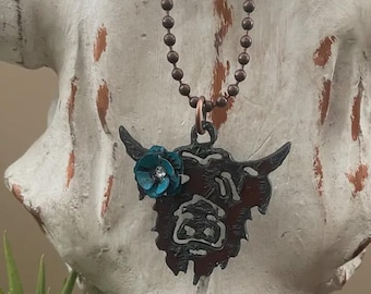 Fluffy HIGHLAND Cow face with painted metal flower accented Swarovski crystal