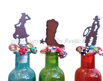 COWGIRL BOOT or COWBOY Rusty Rustic Rusted Metal Decorative Wine Bottle Cork Stopper Topper