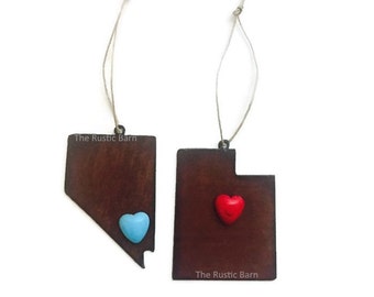 NEVADA or UTAH State Ornament with faux stone heart magnet made of Rustic Rusty Rusted