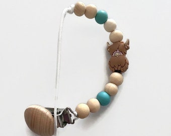 HIGHLAND COW TAN Paci clip with silicone Cow and wood beads with Paci Clip