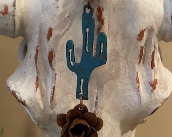 CACTUS Saguaro necklace turquoise rust Flower made with rustic rusted metal