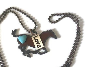 Rustic HORSE Necklace with Love tag and a turquoise heart necklace charm made of rusty metal