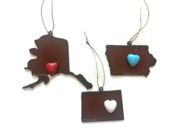 ALASKA IOWA or COLORADO-Wyoming Ornament with faux turquoise red or white heart magnet made of Rustic Rusty Rusted