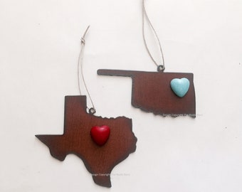 TEXAS or OKLAHOMA STATE Ornament with faux turquoise red or white heart magnet made of Rustic Rusty Rusted