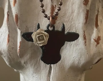 COW face necklace with painted flower and Swarovski crystal