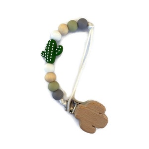 Cactus Paci clip with silicone cactus and wood beads with Clip on