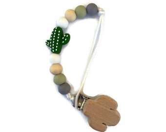 Cactus Paci clip with silicone cactus and wood beads with Clip on