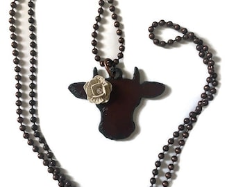 COW FACE necklace with Cream painted flower with clear swarovski crystal Rustic Rusty Rusted Recycled Metal