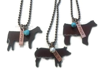 SHOW Farm Animals PIG HEIFER or Steer Livestock Necklace made of Rustic Rusty Rusted Recycled Metal also wholesale