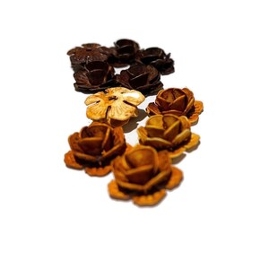 May include: A collection of wooden flower embellishments in various shades of brown and beige. The flowers are arranged in a row, with the darker brown flowers at the top and the lighter beige flowers at the bottom.