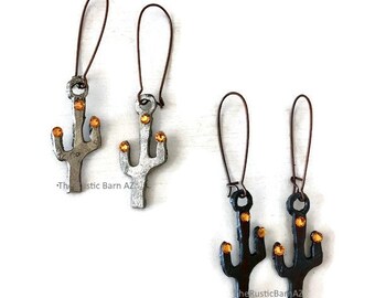 Rustic CACTUS EARRING set in gold or rust with topaz swarovski crystals - made from rusted recycled metal