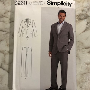 May include: Simplicity sewing pattern number S9241 AA for a suit jacket and pants. The pattern is for sizes US 34-42, Euro 44-52, and French 44-52. The pattern shows a line drawing of the suit and a photo of a man wearing a similar suit.