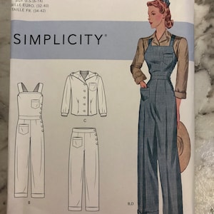 Pode incluir: Padrão de costura Simplicity vintage da década de 1940, número do padrão S8447, para um macacão com uma parte superior com botões e calças. O padrão inclui instruções para os tamanhos 6-14.