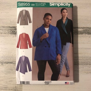 May include: A sewing pattern for a blazer with three different styles. The pattern is for sizes 20W-28W. The pattern is from Simplicity and is part of the American Sewing Guild.