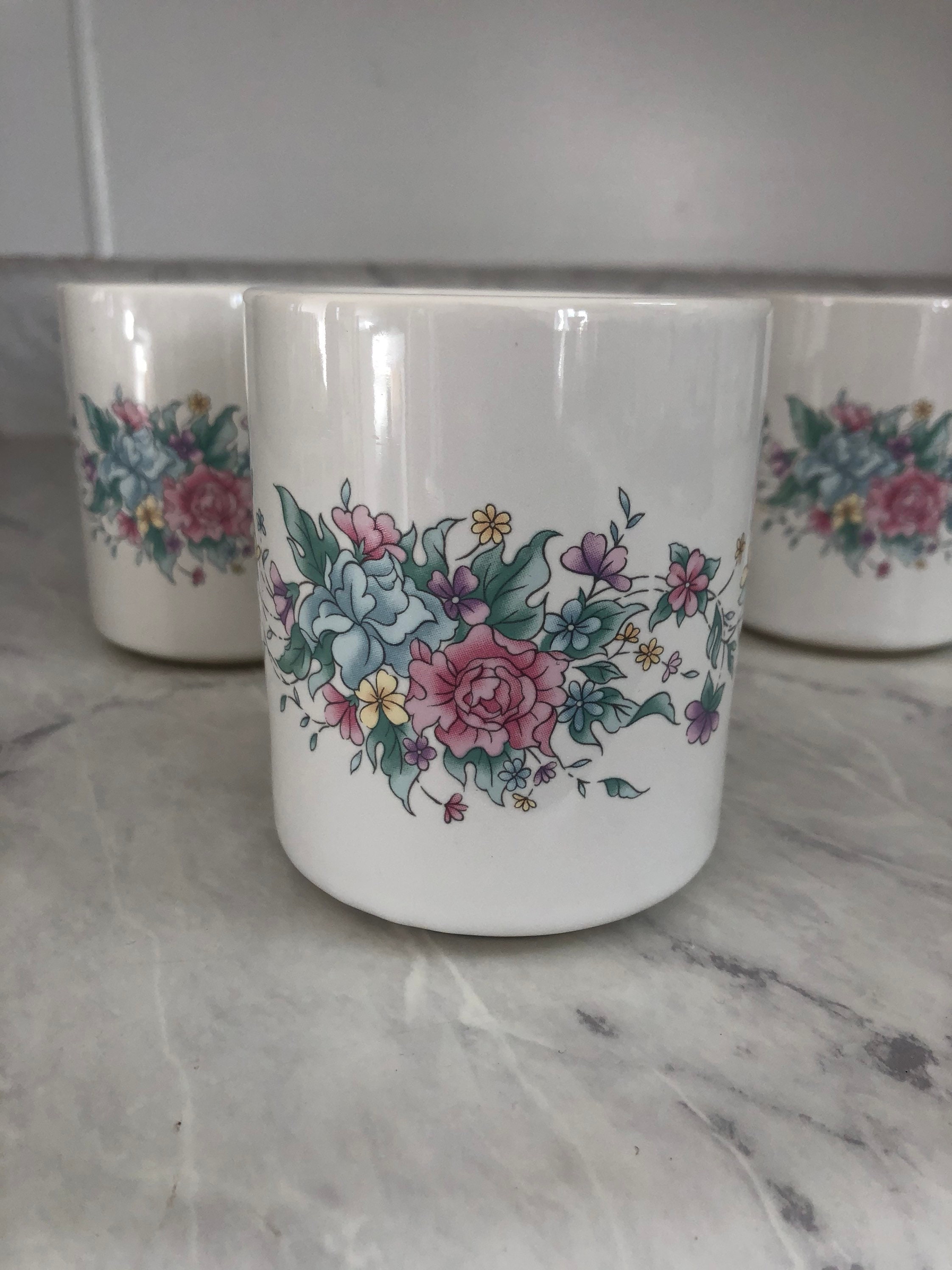 Vintage Set of Colorful Flower Mugs Etsy