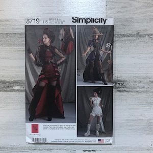 May include: Simplicity sewing pattern number 8719, size US 6-14, Euro 32-40, French 34-42. The pattern includes three different costume designs for a witch, a steampunk-inspired outfit, and a gothic-inspired outfit. The pattern is designed and printed in the USA.