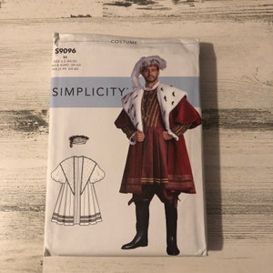 May include: Simplicity sewing pattern number 59096 for a costume. The pattern is for sizes US 44-52, Euro 54-62, and French 54-62. The pattern includes a drawing of a man wearing a red and gold costume with a white fur collar and a feathered hat. The pattern also includes a drawing of a white fur collar with a red and gold trim.