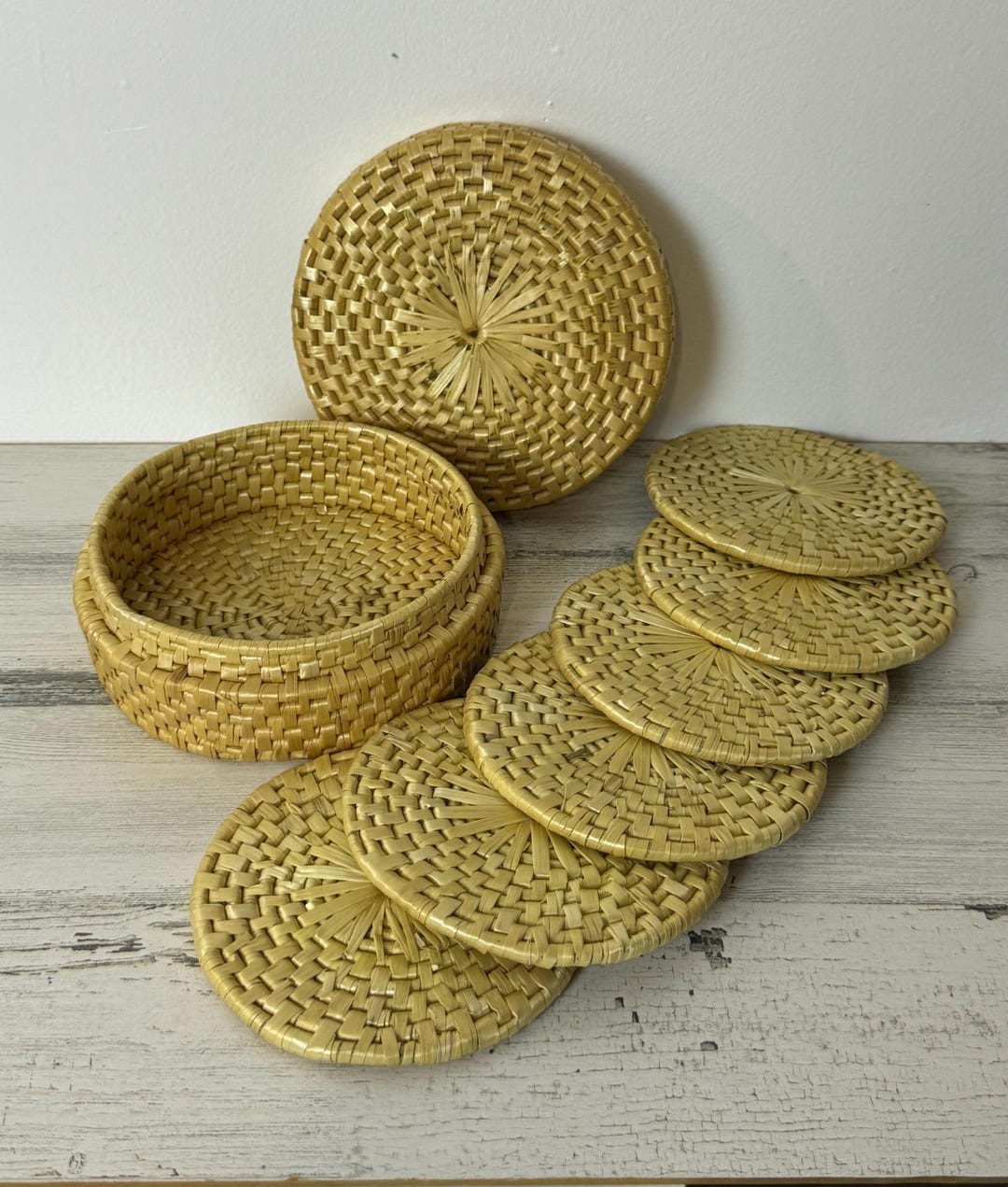 Woven Rattan Round Trivet Set With Storage Basket - Etsy