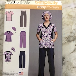 1020 Eenvoud Gemakkelijk te naaien Patroon Mist Dames scrubtop en broek met scrubhoed inbegrepen