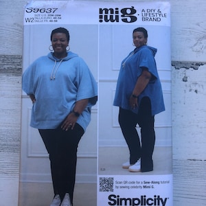 Puede incluir: Un patrón de costura para un poncho con capucha en azul y negro. El patrón es para las tallas 20W-28W e incluye un código QR para un tutorial de costura de Mimi G. El patrón es de Simplicity y es fácil de coser.