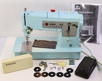 Vintage Blue Singer Style Mate ZigZag Sewing Machine Model 348 with Accessories Manual