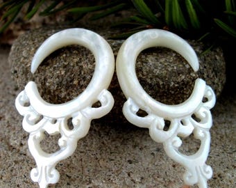 One pair of  Real Gauge Earrings 8G- (3.2mm), Yellow Mother of Pearl Hand Carved Dangle Ear Gauges, Naturally Organic, L1927