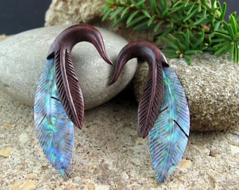 Pair of  2G  Real gauge   Hand  Carved  Sono wood and Paua Shell,  Tribal Earring, Organic Gauge L4509