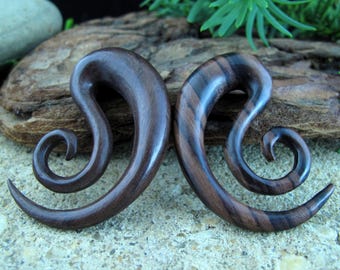 May include: A pair of dark brown wood spiral ear gauges. The gauges have a natural wood grain pattern and are made of a dark wood.