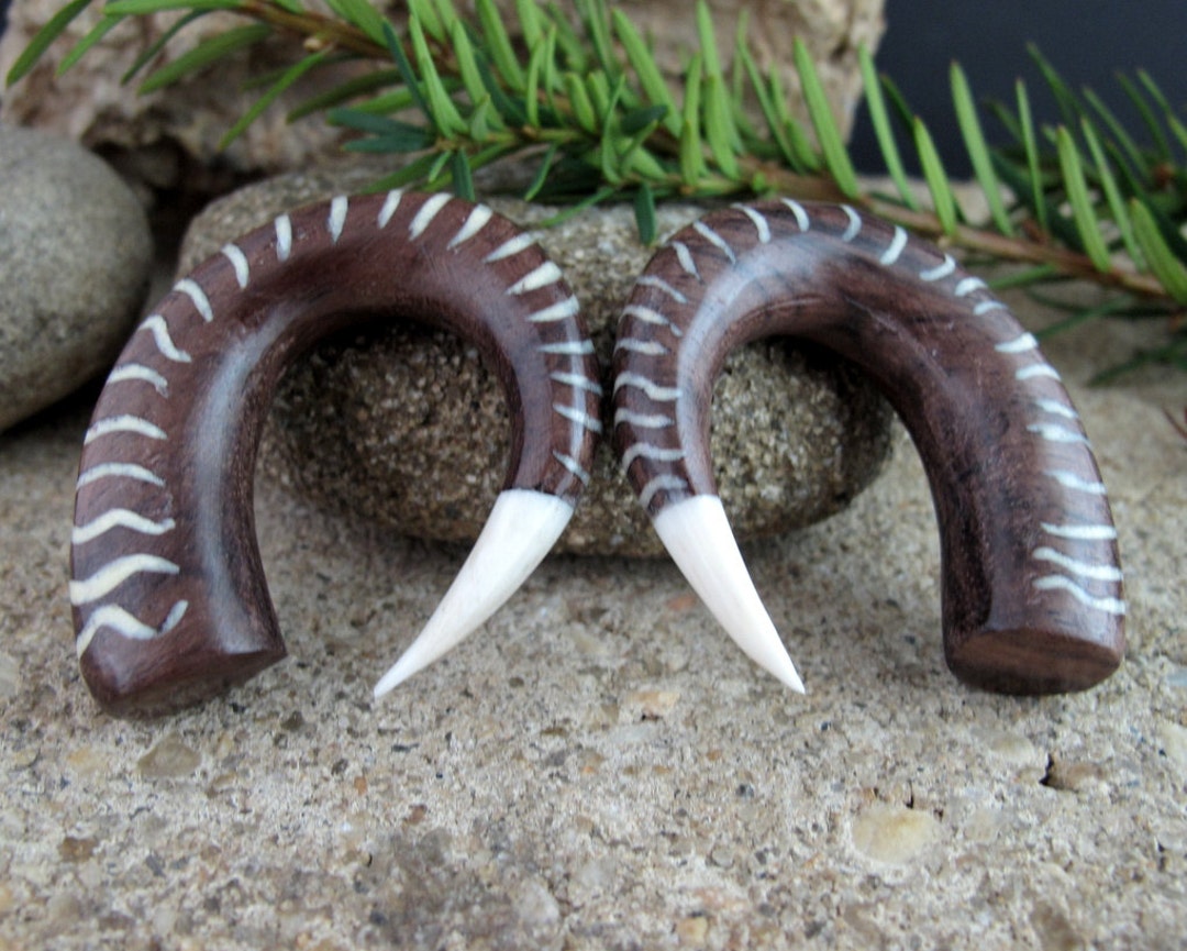 One Pair of 14 Mm 9/16 Unique Claw, Sono Wood and Buffalo Bone Inlay