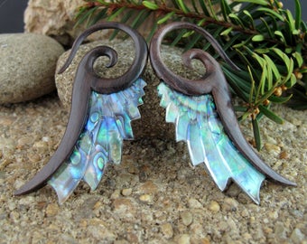 8G Real gauge Hand Carved  Sono wood & Abalone, Real gauge, Seraphim gauge,Tribal Earring,Organic Gauge L4259