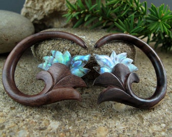 Pair of  2Gmm Real gauge   Hand  Carved  Sono wood and Paua Shell,  Tribal Earring, Organic Gauge L4510
