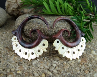 8G Real gauge   Hand  Carved  Sono wood and mother of pearl ear gauge, Seraphim gauge,  Tribal Earring, Organic Gauge L4073
