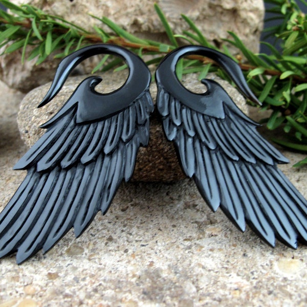 One pair of  Real gauge  8G - 3.2 mm  Hand  Carved Buffalo horn Ear gauge,  Angel Wing , Tribal Earring, Organic Gauge L4528